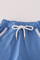 Blue stripe football french knot embroidery shorts set