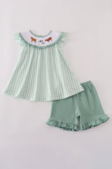 Green cow embroidery smocked gingham ruffle shorts set