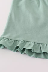 Green cow embroidery smocked gingham ruffle shorts set