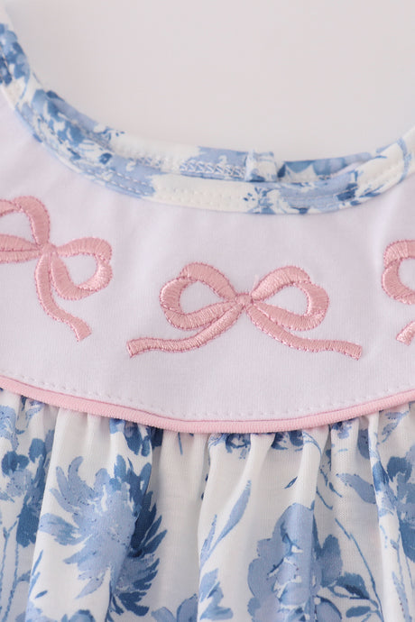 Blue bow embroidery floral shorts set