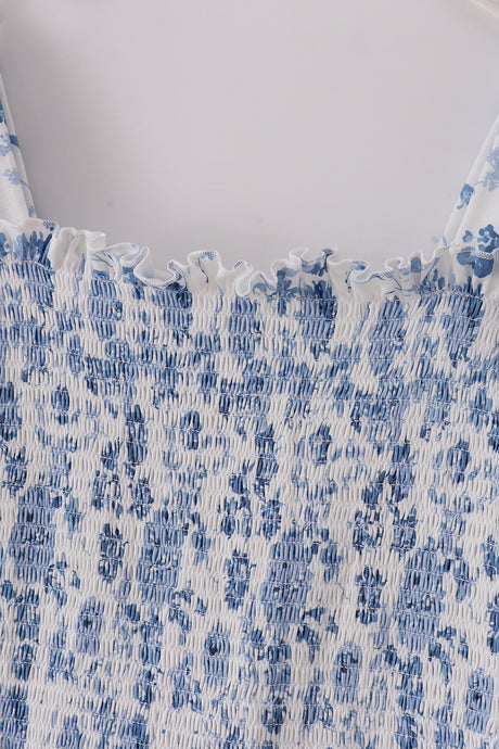 Blue smocked floral print mom dress