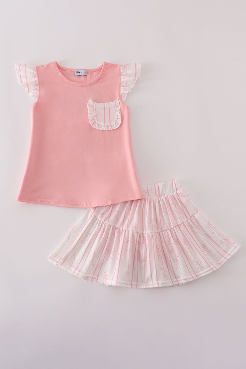 Pink stripe bow print ruffle skorts set