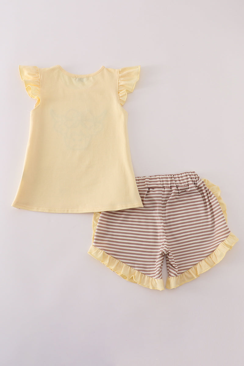 Highland cow applique ruffle shorts set