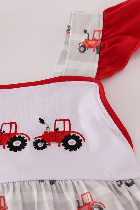 Red tractor embroidery ruffle dress