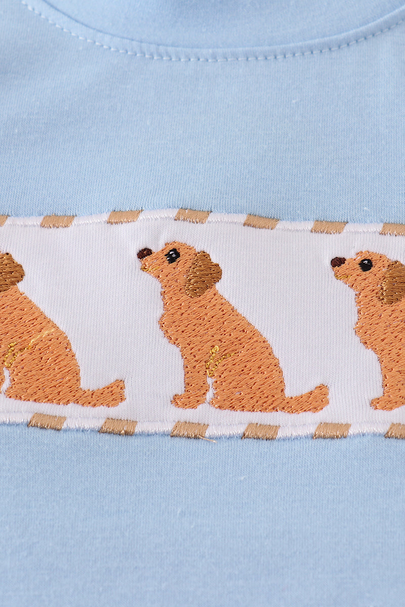 Beige puppy embroidery gingham shorts set
