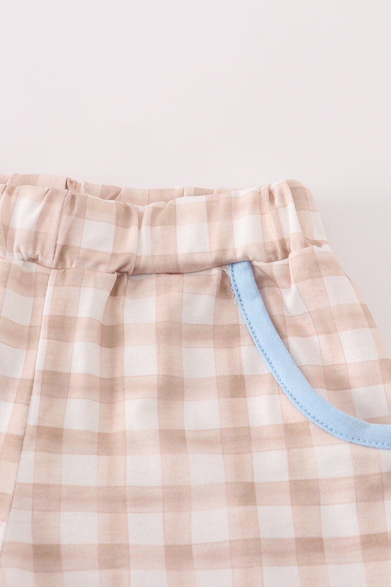 Beige puppy embroidery gingham shorts set