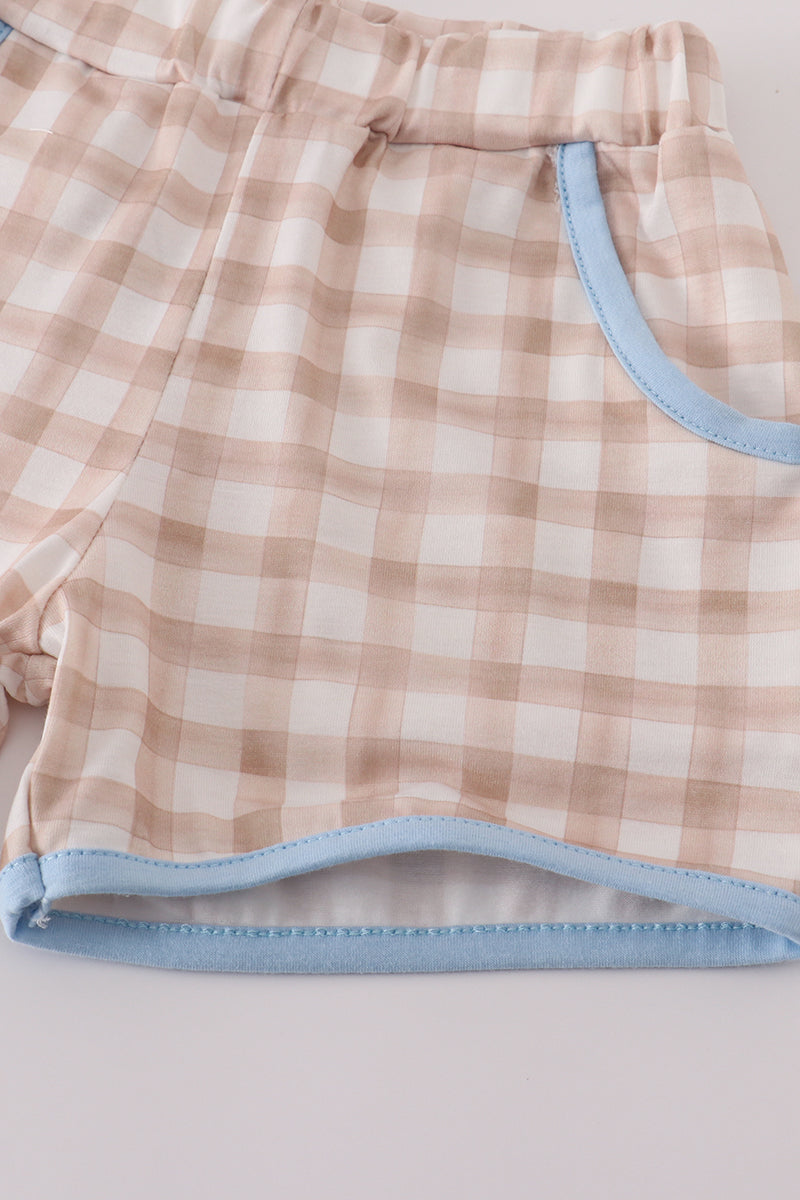Beige puppy embroidery gingham shorts set