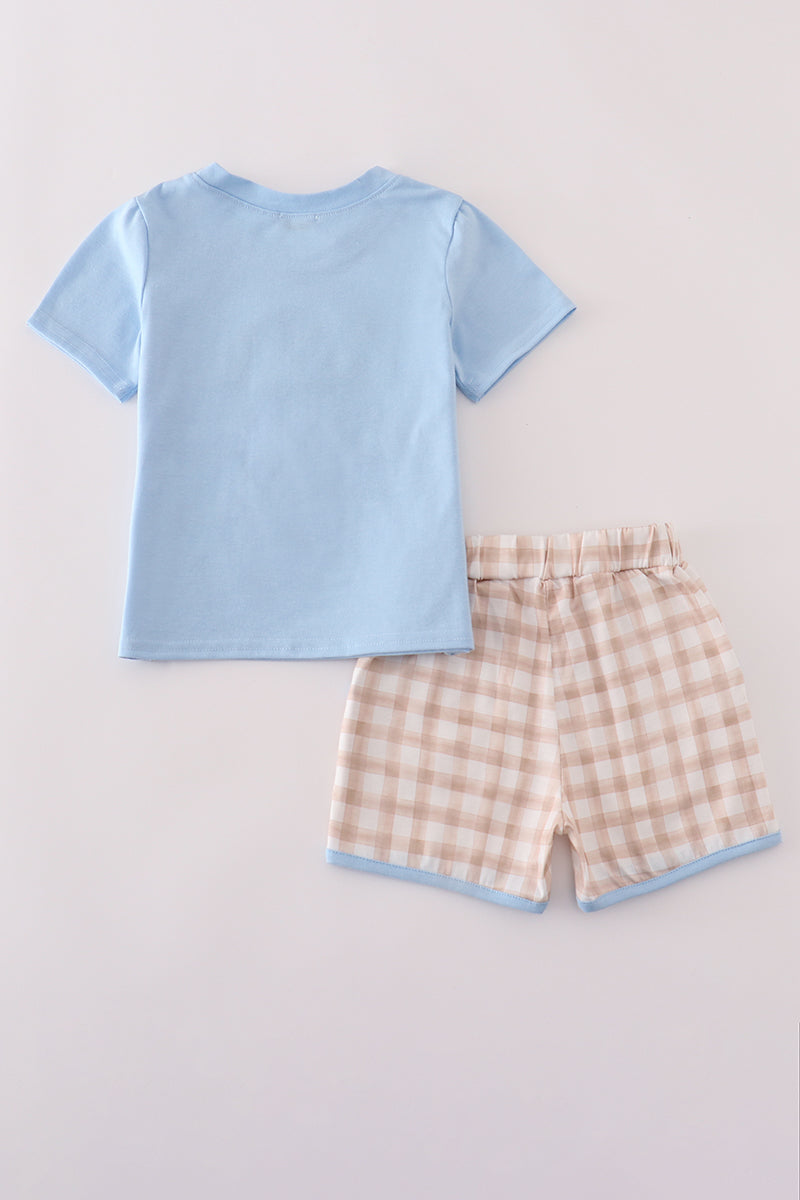 Beige puppy embroidery gingham shorts set