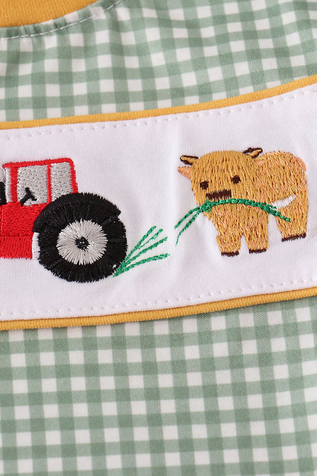 Highland cow embroidery gingham romper
