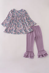 Purple floral bow ruffle pants set