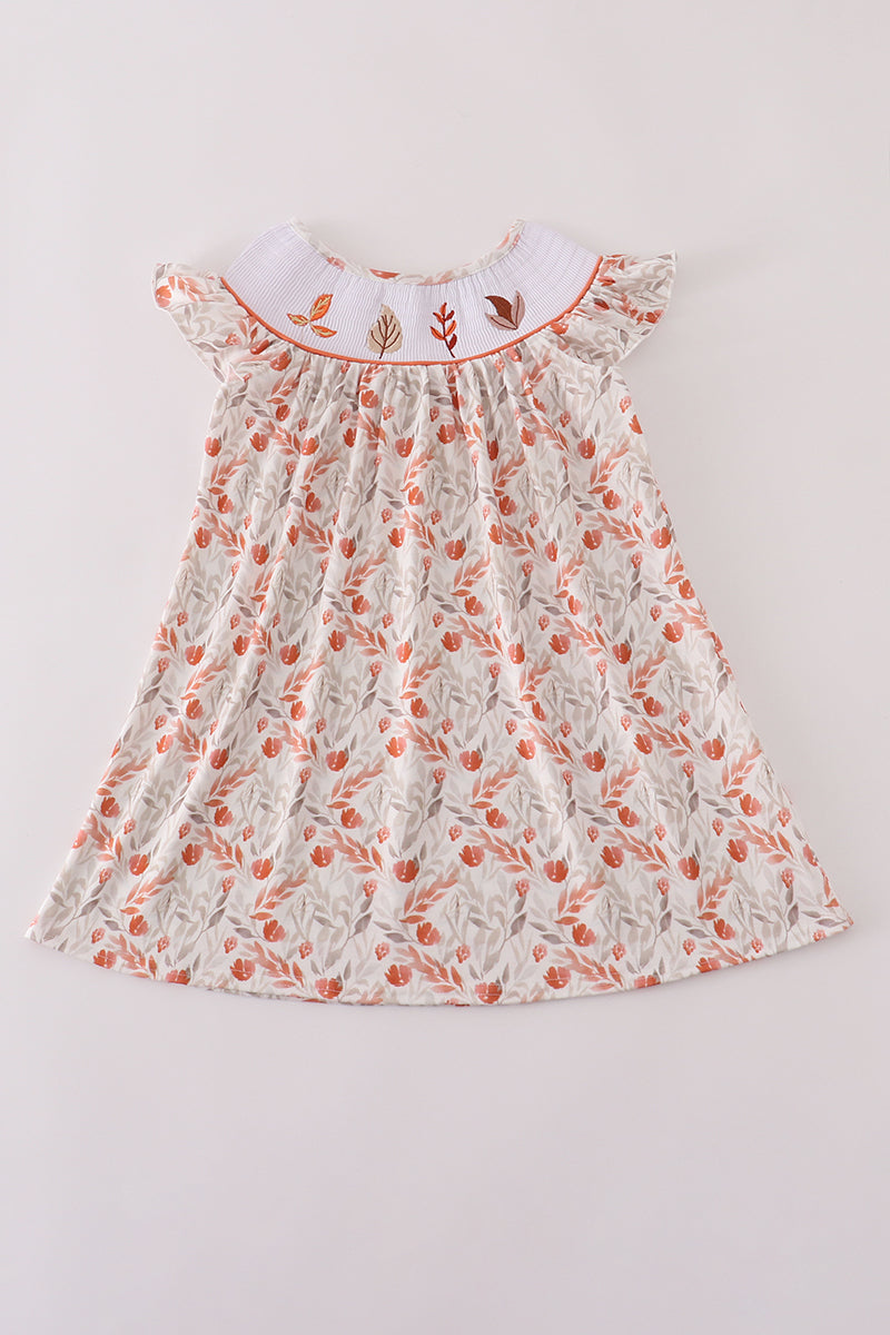 Fall leaves embroidery smocked ruffle dress Honeydew USA Fall leaves embroidery smocked ruffle dress Honeydew USA