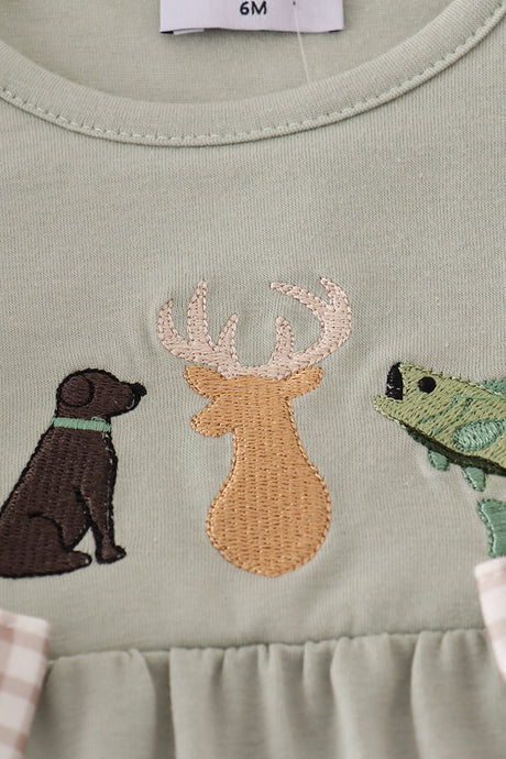 Blue dog deer embroidery ruffle romper