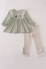 Blue dog deer embroidery ruffle pants set