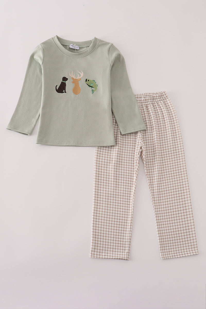 Blue dog deer embroidery pants set