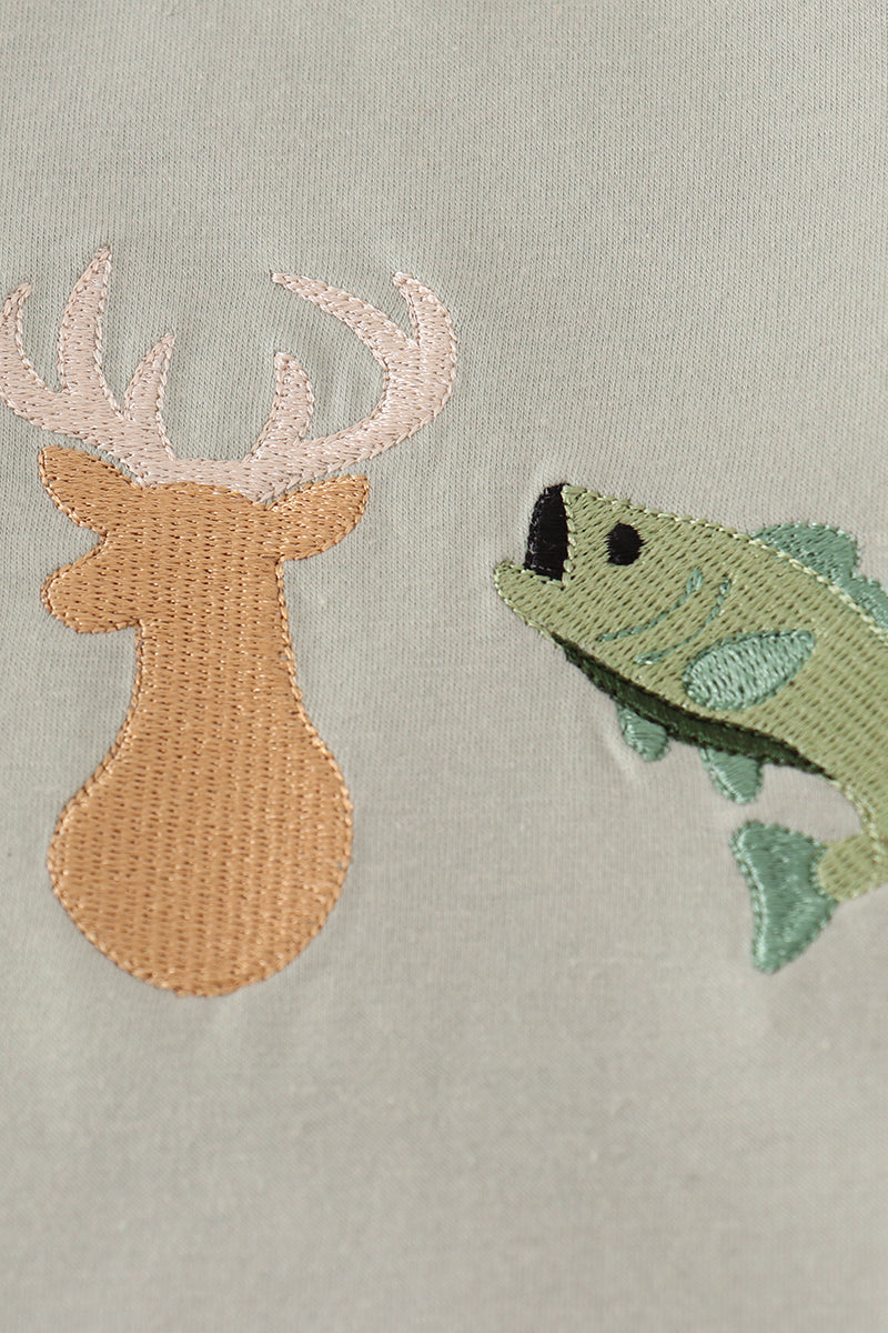 Blue dog deer embroidery pants set