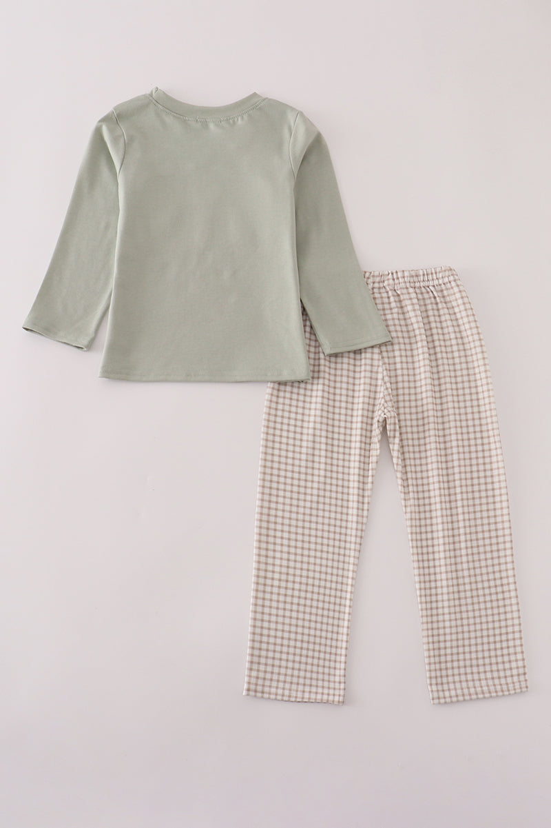 Blue dog deer embroidery pants set