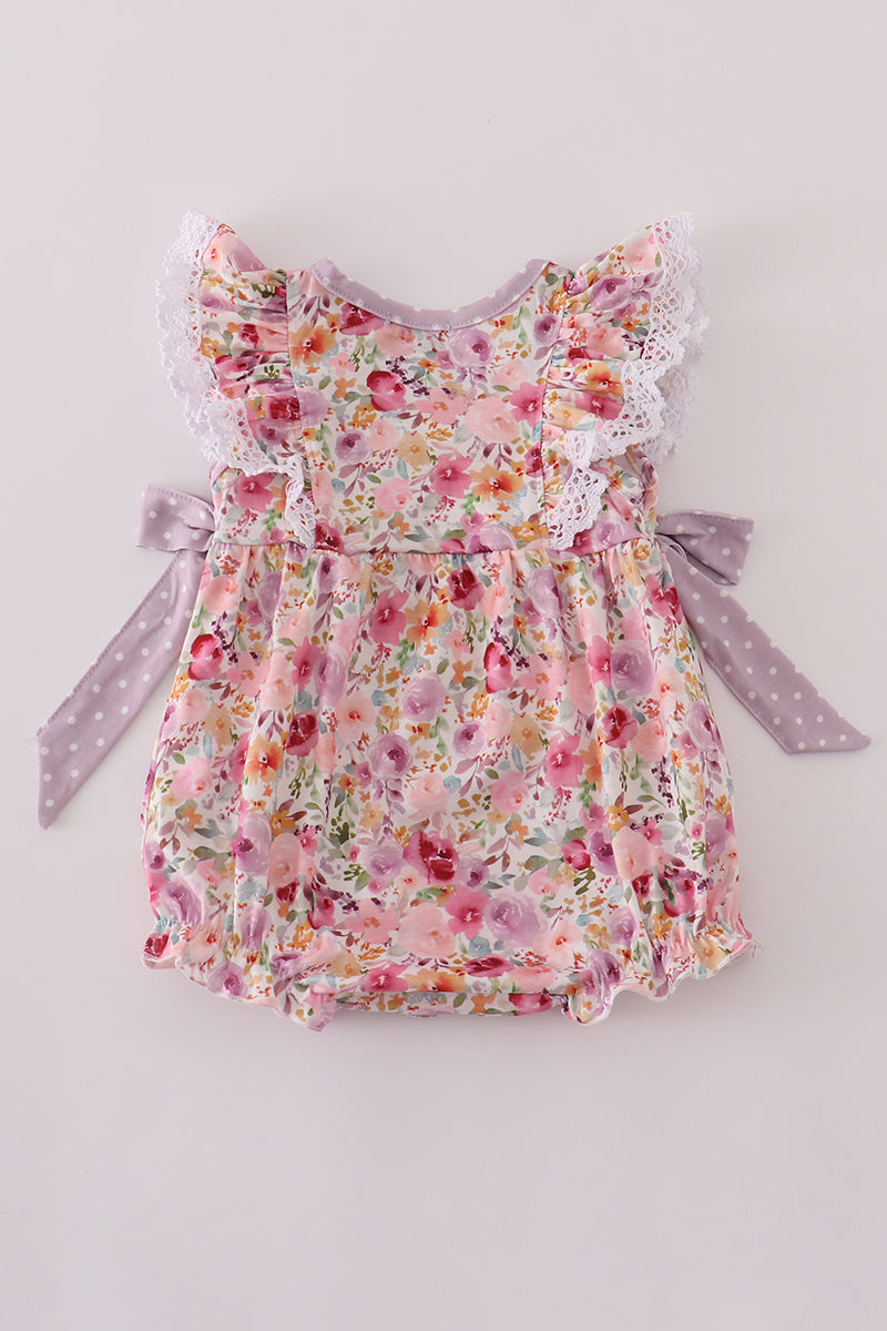 Purple floral print ruffle bubble