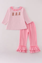 Pink stripe puppy embroidery ruffle pants set