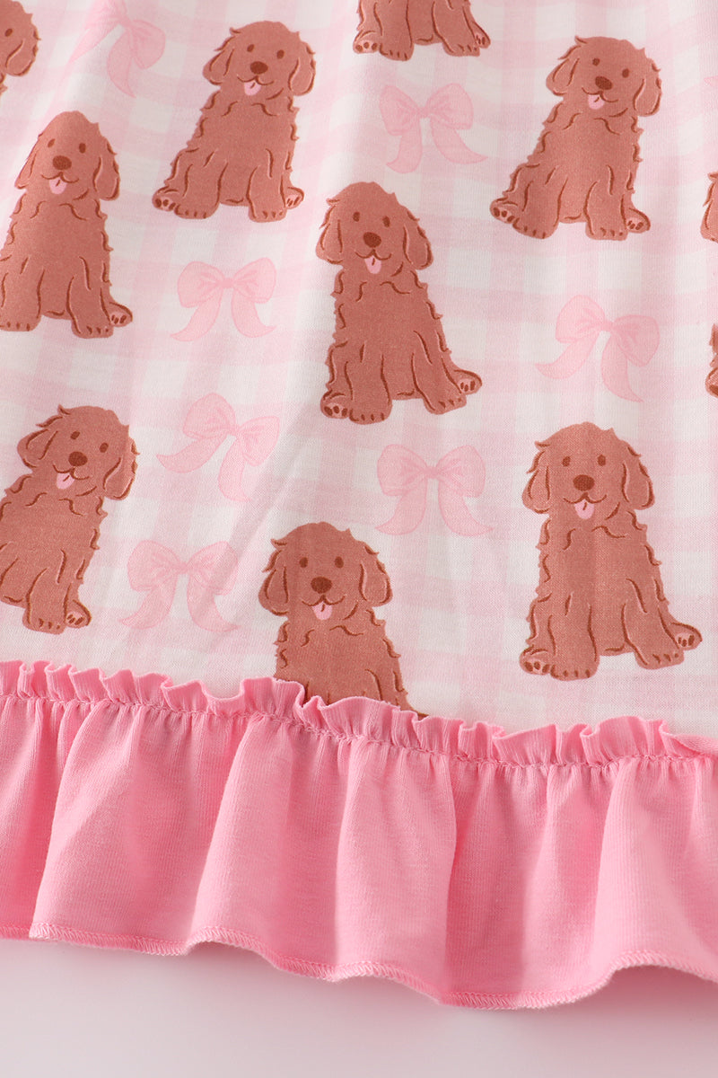 Pink puppy bow print ruffle pajamas dress