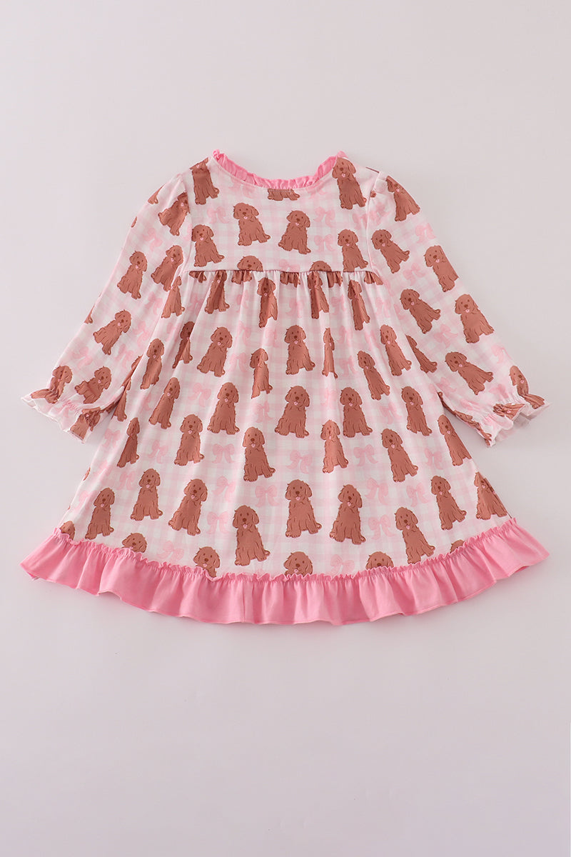Pink puppy bow print ruffle pajamas dress