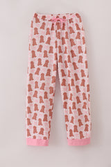 Pink puppy bow print ruffle pajamas mom pants