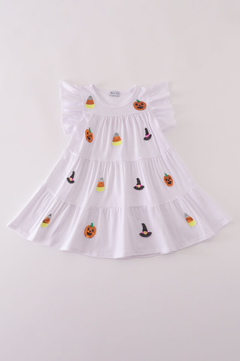 White ghost witch pumpkin sequin ruffle dress