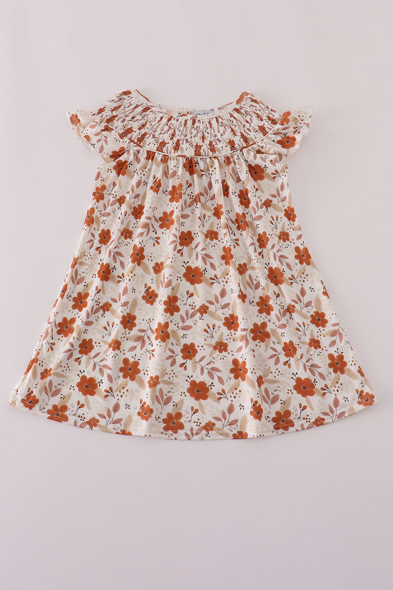 Fall floral print smocked ruffle dress