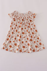Fall floral print smocked ruffle dress