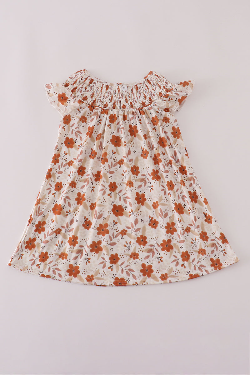 Fall floral print smocked ruffle dress