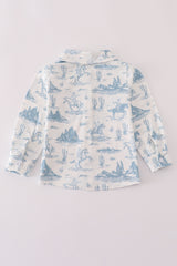 Blue cowboy print button down shirt