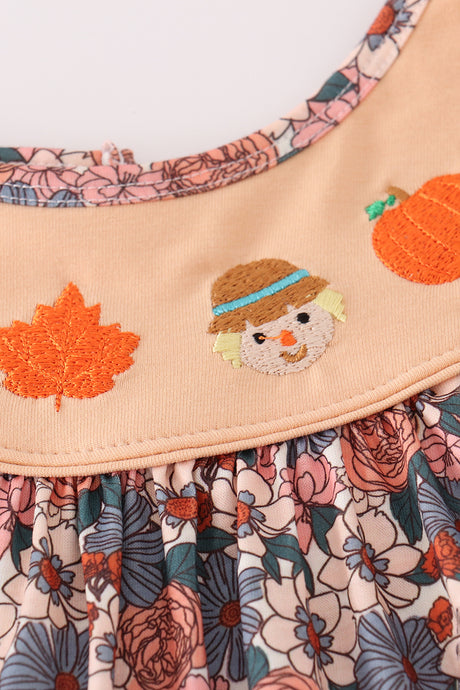 Fall floral print pumpkin embroidery pants set