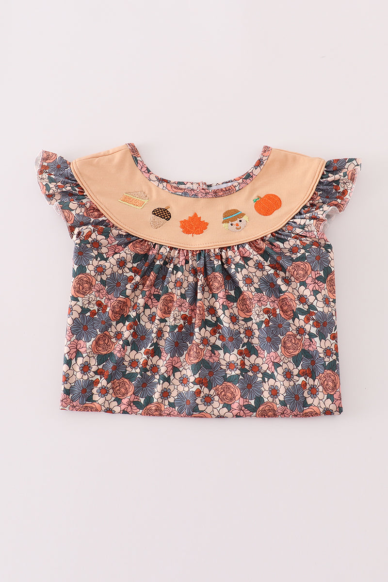 Fall floral print pumpkin embroidery pants set