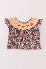 Fall floral print pumpkin embroidery pants set