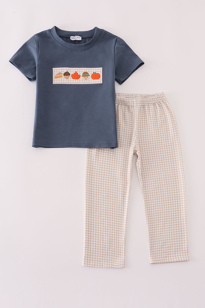 Navy pumpkin embroidery pants set