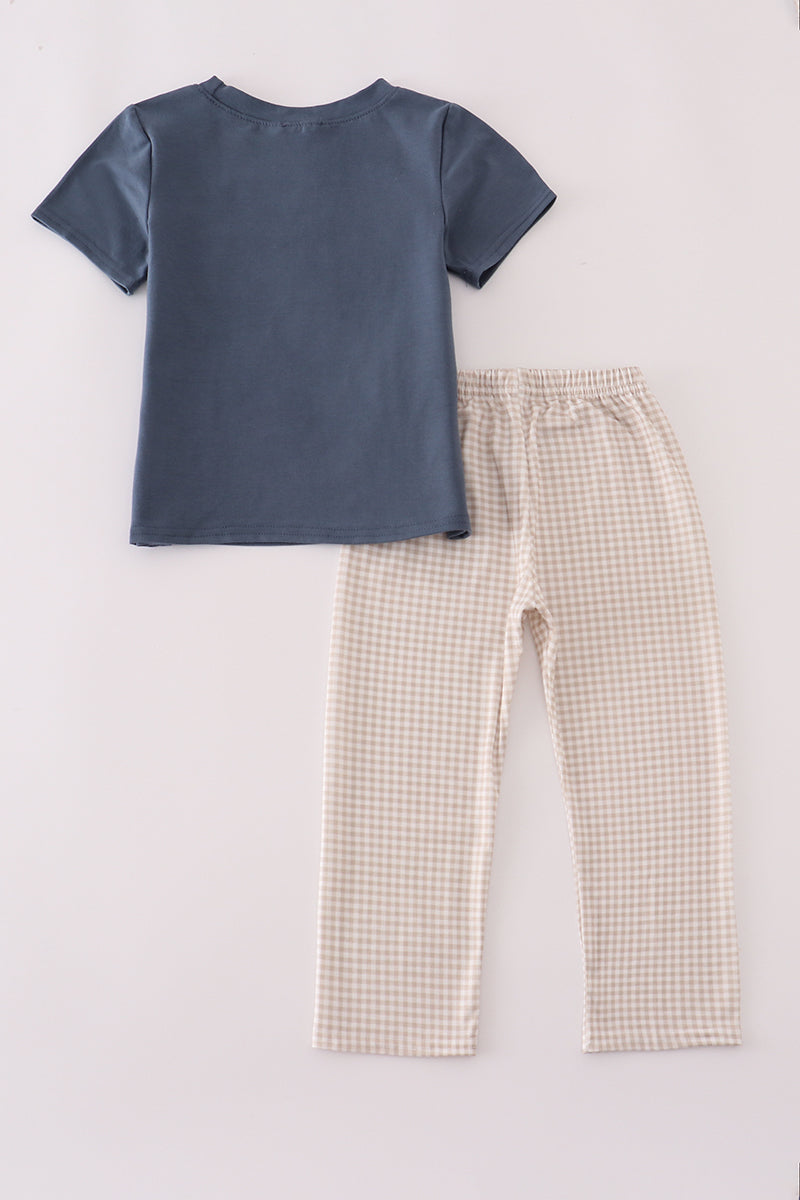Navy pumpkin embroidery pants set