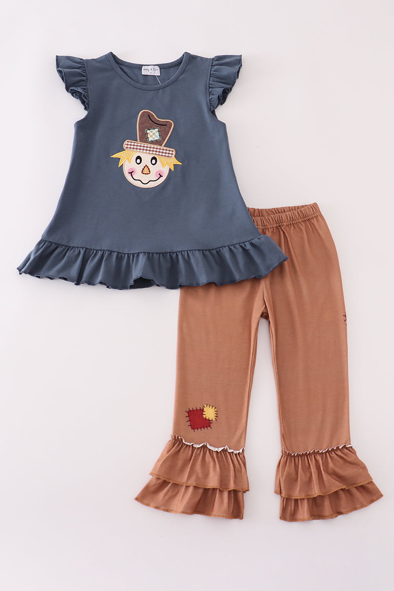 Navy scarecrow applique ruffle pants set