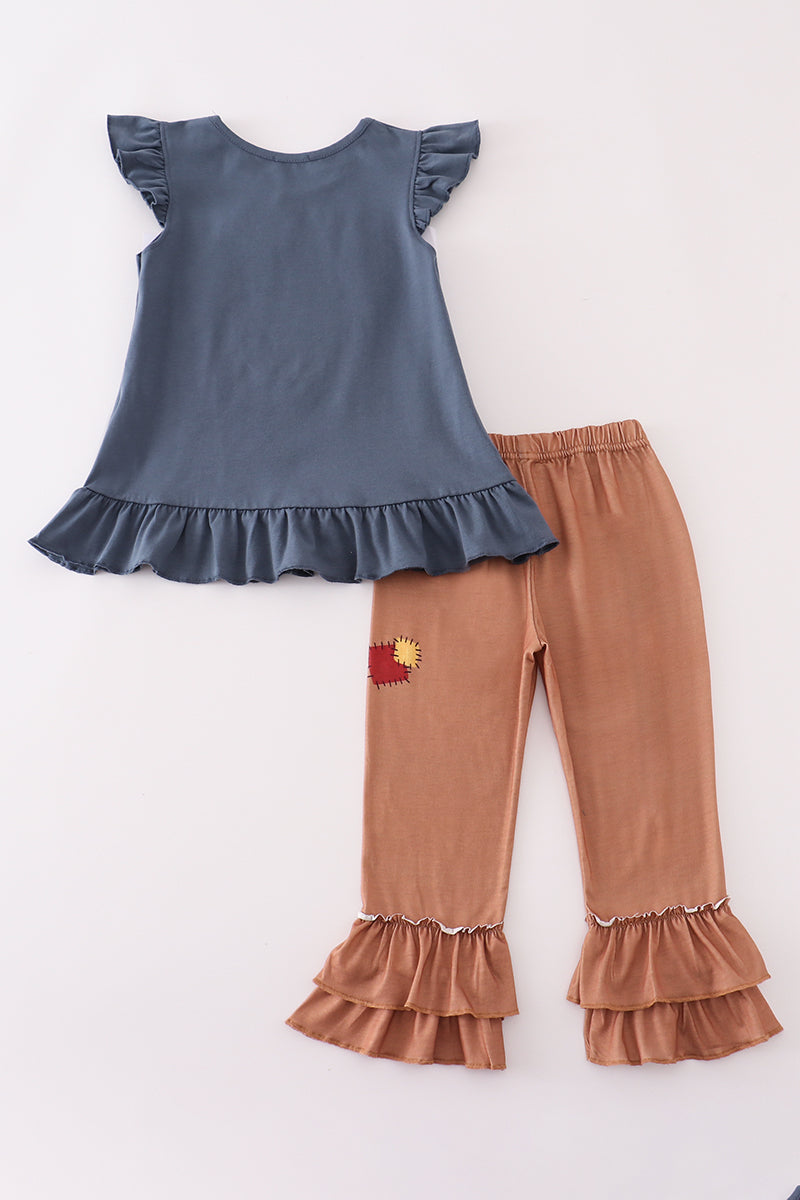 Navy scarecrow applique ruffle pants set