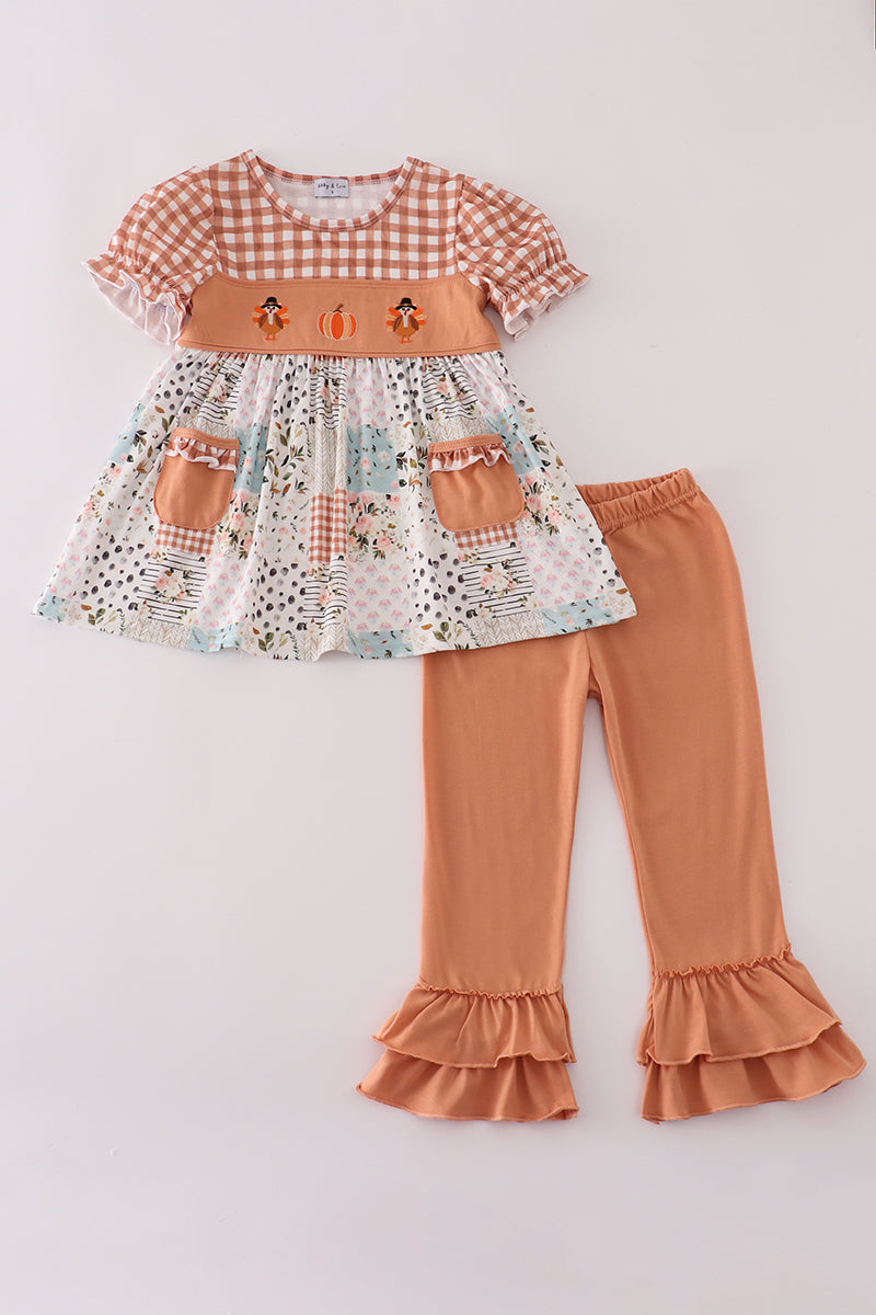 Fall floral print turkey pumpkin embroidery ruffle pants set