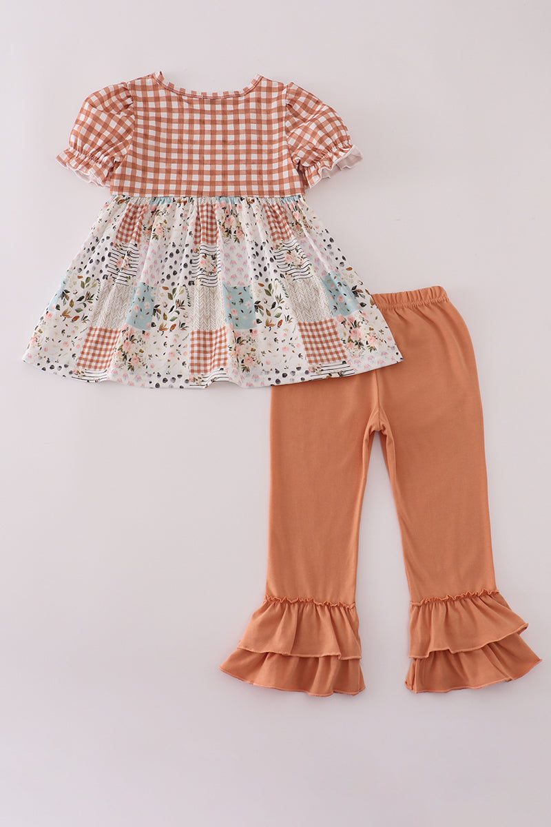 Fall floral print turkey pumpkin embroidery ruffle pants set