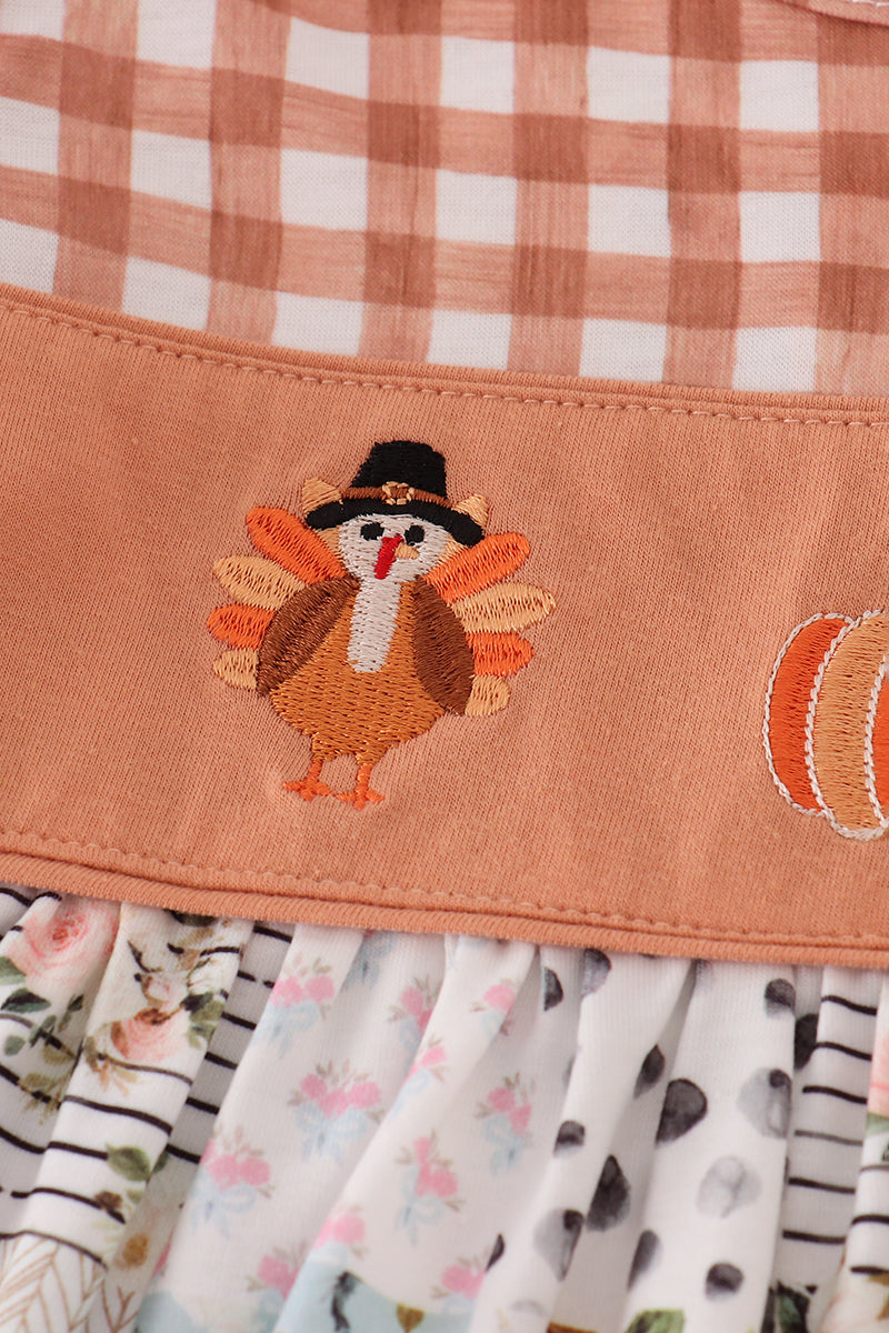 Fall floral print turkey pumpkin embroidery ruffle pants set