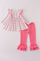 Pink floral print ruffle pants set