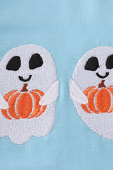 Blue ghost pumpkin embroidery top