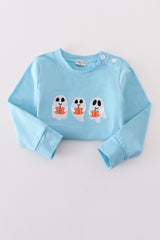 Blue ghost pumpkin embroidery top