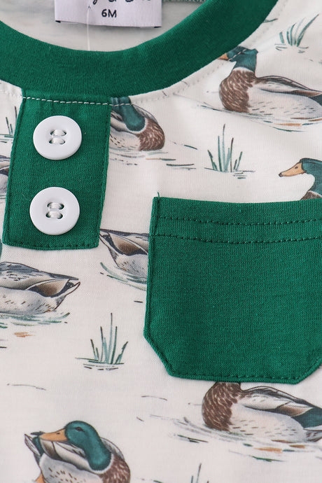 Green duck print romper