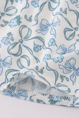 Blue bow & lace print ruffle pants set