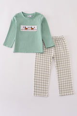 Green duck embroidery pants set