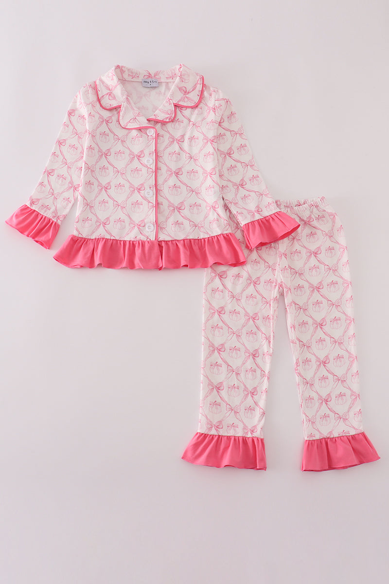 Pink bow tie pumpkin print ruffle pajamas set