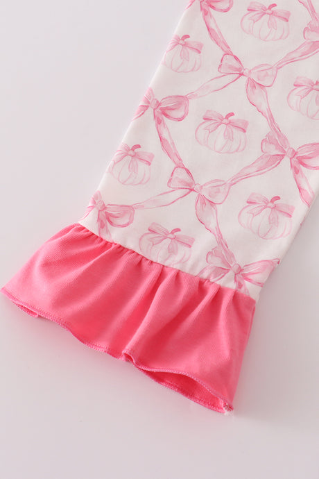 Pink bow tie pumpkin print ruffle pajamas set