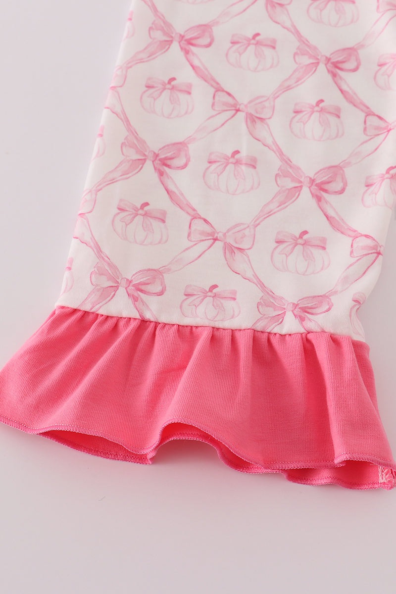 Pink bow tie pumpkin print ruffle pajamas set