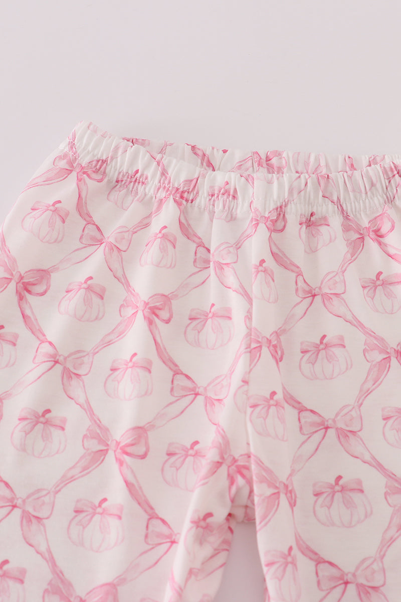 Pink bow tie pumpkin print ruffle pajamas set
